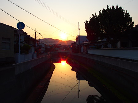 堤川に映る朝焼け